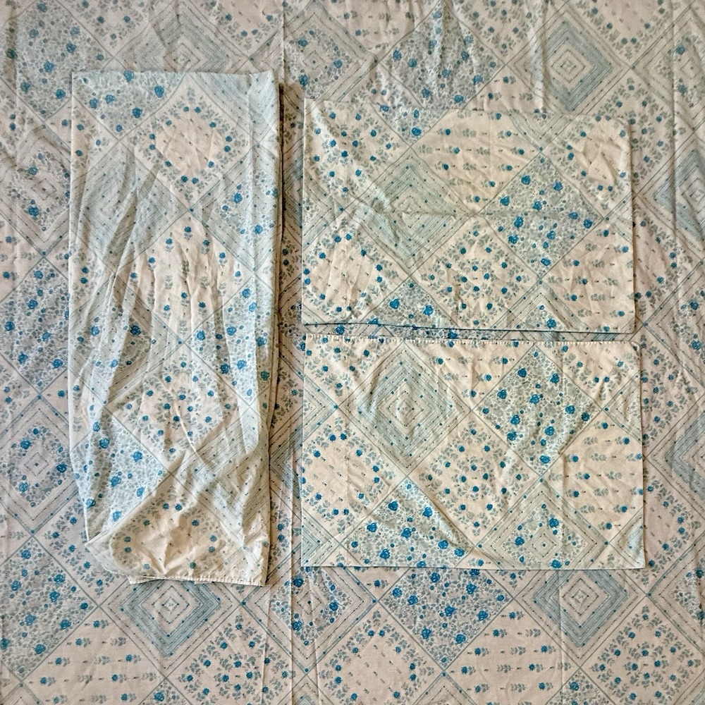 4pc VTG Full Perma-Prest Percale Sheet Set Blue White Rose Floral Sears Roebuck